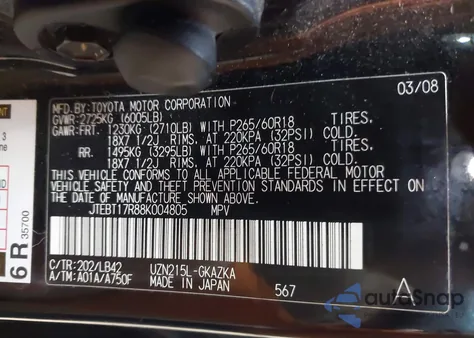 2008 Toyota 4Runner Limited V8 из США, поврежденный, VIN JTEBT17R88K004805